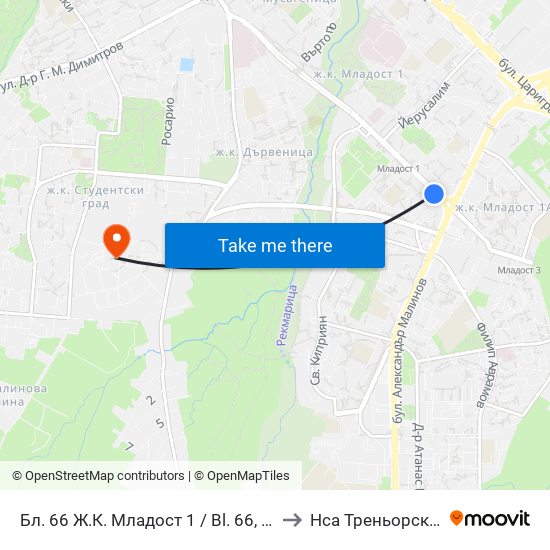 Бл. 66 Ж.К. Младост 1 / Bl. 66, Mladost 1 Qr (0245) to Нса Треньорски Факултет map
