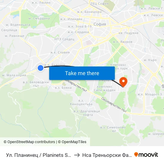 Ул. Планинец / Planinets St. (2104) to Нса Треньорски Факултет map