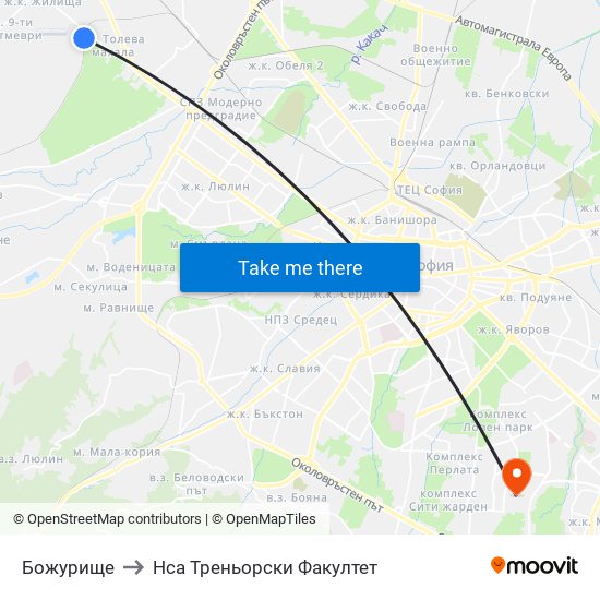 Божурище to Нса Треньорски Факултет map