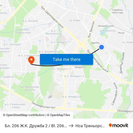 Бл. 206 Ж.К. Дружба 2 / Bl. 206, Druzhba 2 Qr. (0160) to Нса Треньорски Факултет map