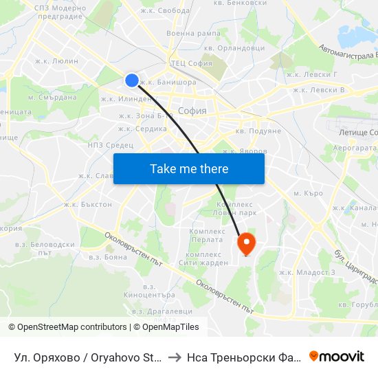 Ул. Оряхово / Oryahovo St. (2096) to Нса Треньорски Факултет map