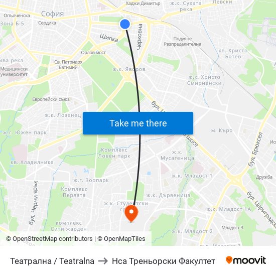 Театрална / Teatralna to Нса Треньорски Факултет map