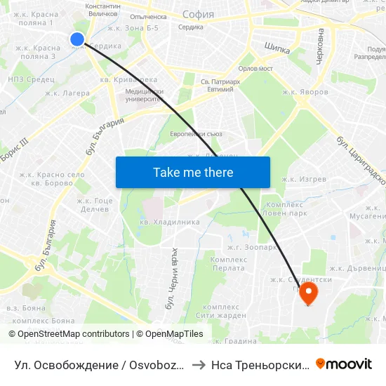 Ул. Освобождение / Osvobozhdenie St. (2099) to Нса Треньорски Факултет map