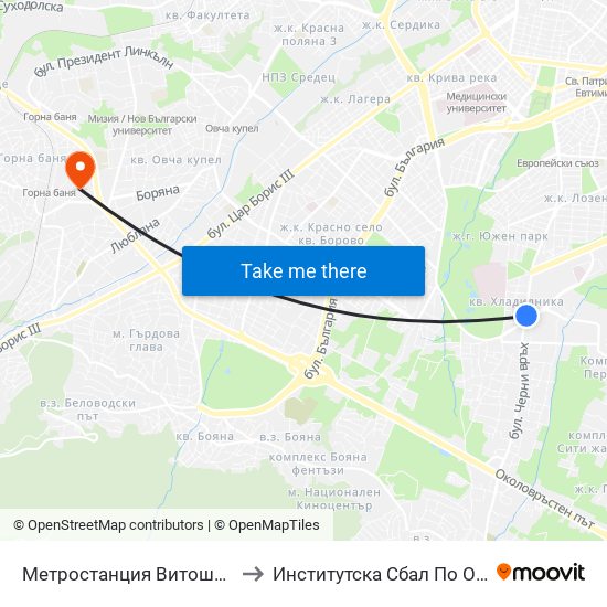 Метростанция Витоша / Vitosha Metro Station (2654) to Институтска Сбал По Ортопедия Проф. Бойчо Бойчев map