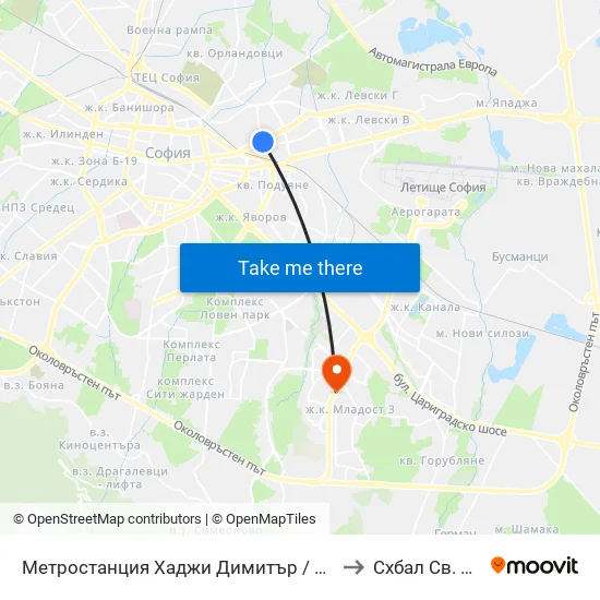Метростанция Хаджи Димитър / Hadzhi Dimitar Metro Station (0303) to Схбал Св. Панталеймон map