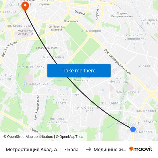 Метростанция Акад. А. Т. - Балан / Acad. A. T.-Balan Metro Station (1917) to Медицински Институт На Мвр map