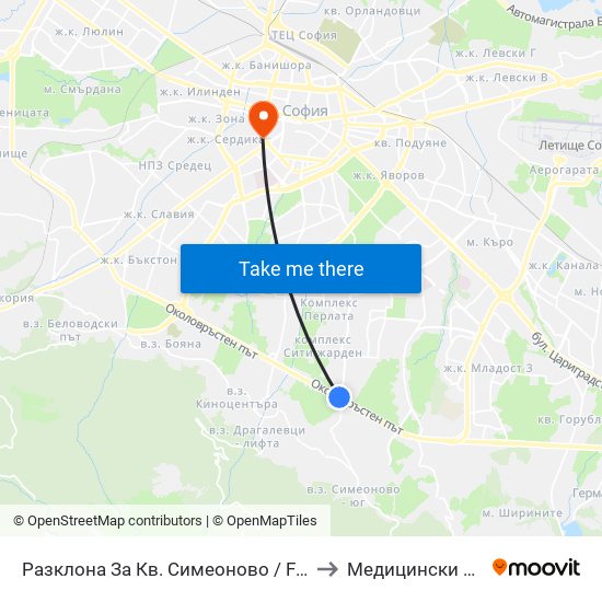 Разклона За Кв. Симеоново / Fork Road To Simeonovo Qr. (1458) to Медицински Институт На Мвр map