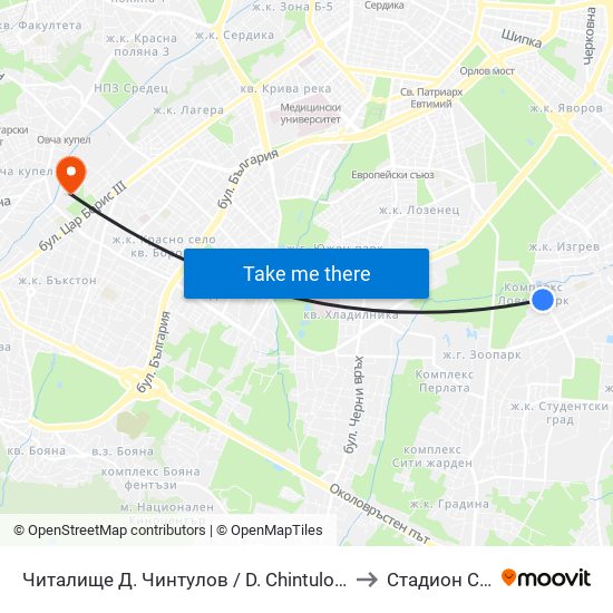 Читалище Д. Чинтулов / D. Chintulov Library (2366) to Стадион Славия map