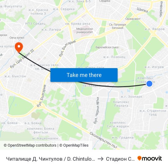 Читалище Д. Чинтулов / D. Chintulov Library (2365) to Стадион Славия map