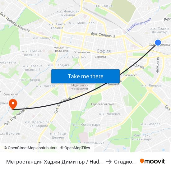 Метростанция Хаджи Димитър / Hadzhi Dimitar Metro Station (0303) to Стадион Славия map