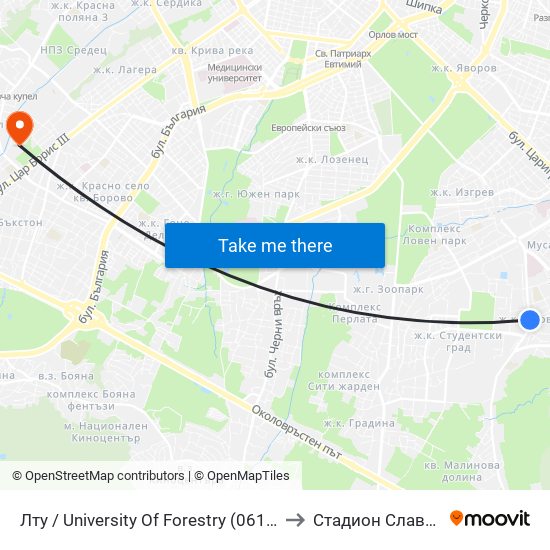 Лту / University Of Forestry (0617) to Стадион Славия map