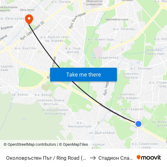 Околовръстен Път / Ring Road (1175) to Стадион Славия map