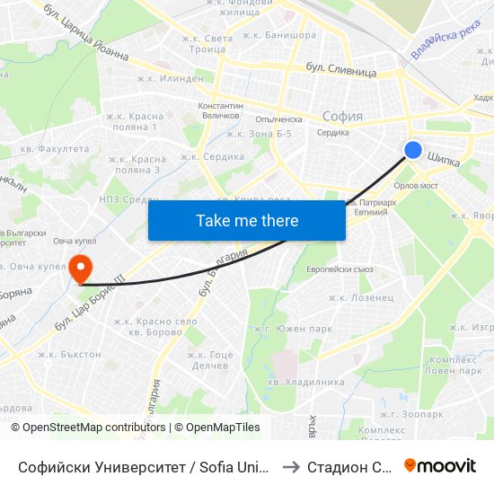 Софийски Университет / Sofia University (1697) to Стадион Славия map