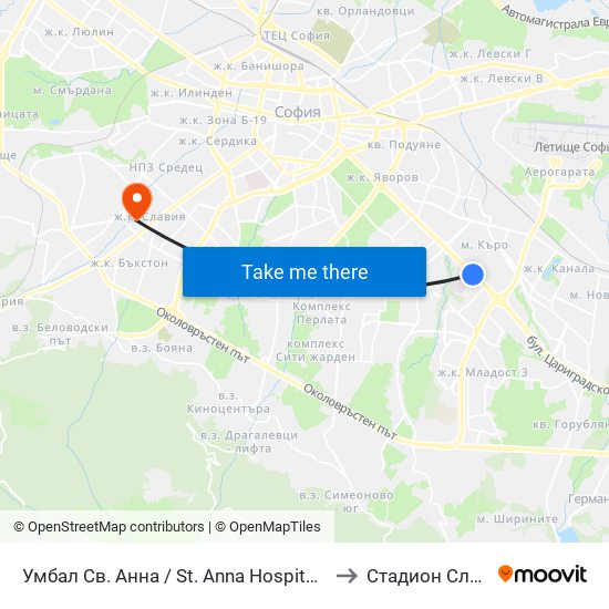 Умбал Св. Анна / St. Anna Hospital (1194) to Стадион Славия map