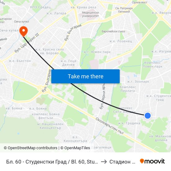 Бл. 60 - Студенстки Град / Bl. 60, Students' Town (2507) to Стадион Славия map