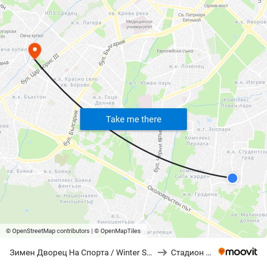 Зимен Дворец На Спорта / Winter Sports Palace (0742) to Стадион Славия map