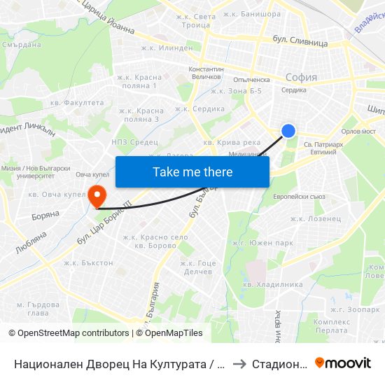 Национален Дворец На Културата / National Palace Of Culture to Стадион Славия map