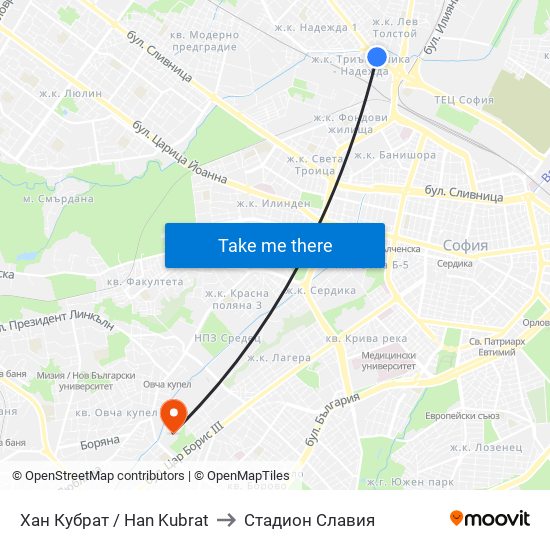 Хан Кубрат / Han Kubrat to Стадион Славия map
