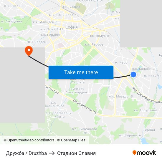 Дружба / Druzhba to Стадион Славия map