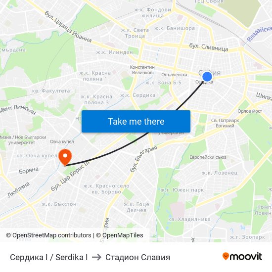 Сердика I / Serdika I to Стадион Славия map