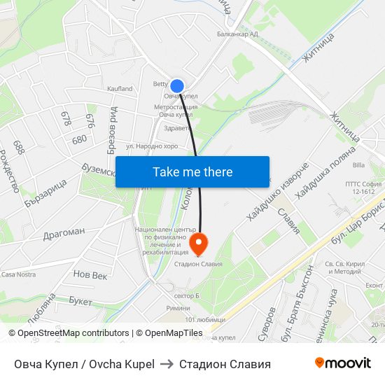Овча Купел / Ovcha Kupel to Стадион Славия map