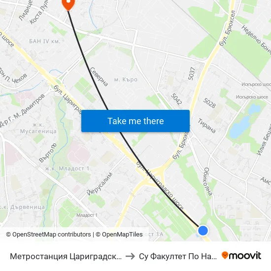 Ⓜ️ Метростанция Цариградско Шосе / Tsarigradsko Shosse Metro Station (1016) to Су Факултет По Начална И Предучилищна Педагогика map