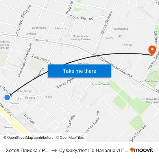 Хотел Плиска / Pliska Hotel (2324) to Су Факултет По Начална И Предучилищна Педагогика map