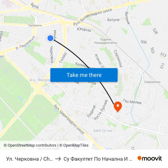 Ул. Черковна / Cherkovna St. (2259) to Су Факултет По Начална И Предучилищна Педагогика map