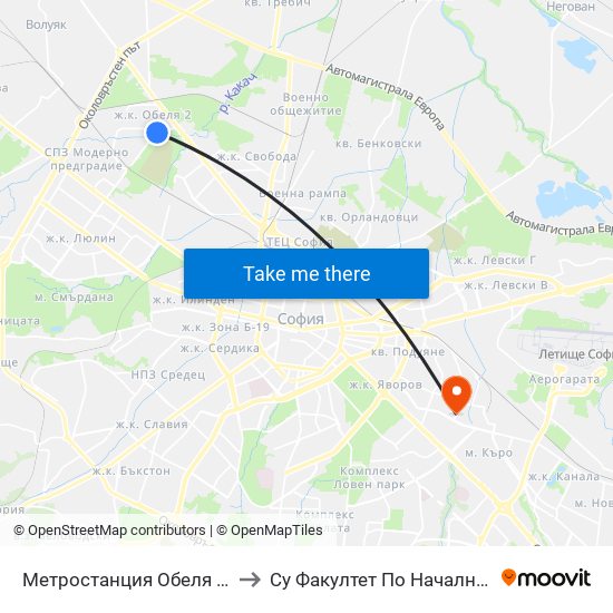 Метростанция Обеля / Obelya Metro Station (0059) to Су Факултет По Начална И Предучилищна Педагогика map