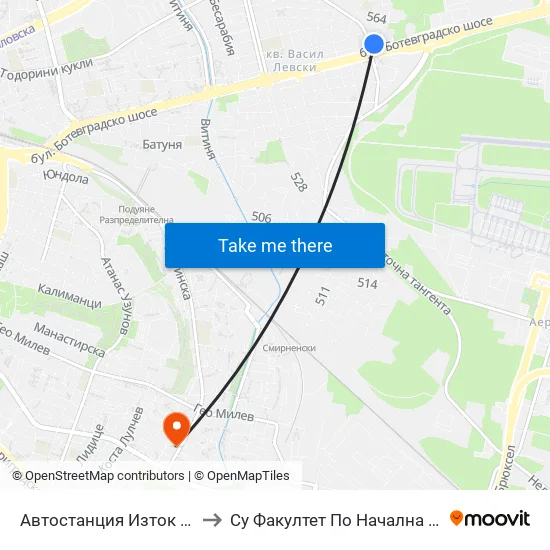 🚌 Автостанция Изток / Iztok Bus Station (0056) to Су Факултет По Начална И Предучилищна Педагогика map