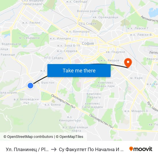 Ул. Планинец / Planinets St. (2103) to Су Факултет По Начална И Предучилищна Педагогика map