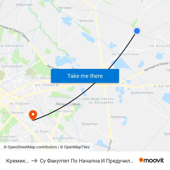 Кремиковци to Су Факултет По Начална И Предучилищна Педагогика map