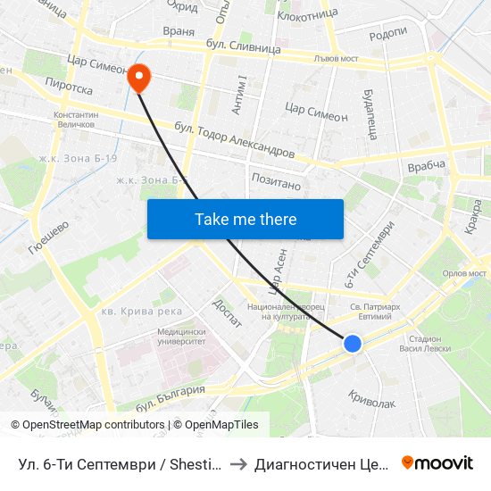 Ул. 6-Ти Септември / Shesti Septemvri St. (1808) to Диагностичен Център Пансанус map