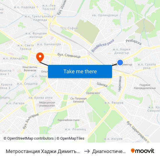 Метростанция Хаджи Димитър / Hadzhi Dimitar Metro Station (0303) to Диагностичен Център Пансанус map