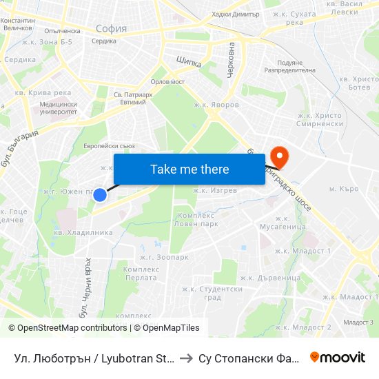 Ул. Люботрън / Lyubotran St. (2039) to Су Стопански Факултет map
