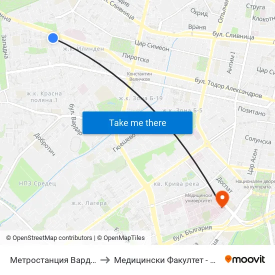 Метростанция Вардар / Vardar Metro Station (1046) to Медицински Факултет - Предклиничен Университетски Център map