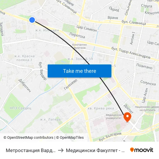 Ⓜ️ Метростанция Вардар / Vardar Metro Station (1047) to Медицински Факултет - Предклиничен Университетски Център map