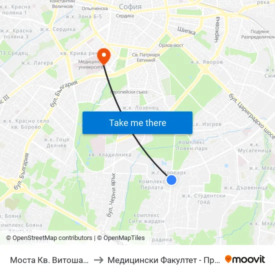 Моста Кв. Витоша / Vitosha the Bridge (1076) to Медицински Факултет - Предклиничен Университетски Център map