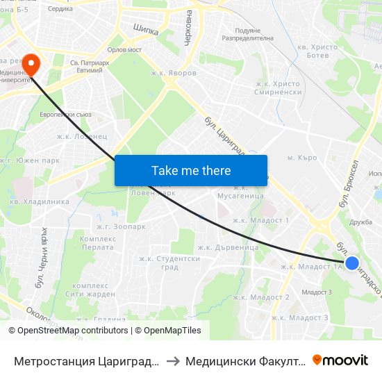 Метростанция Цариградско Шосе / Tsarigradsko Shosse Metro Station (1017) to Медицински Факултет - Предклиничен Университетски Център map