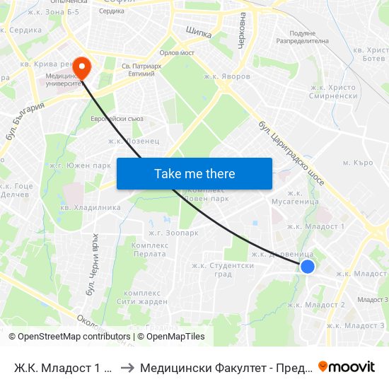 Ж.К. Младост 1 / Mladost 1 Qr. (0661) to Медицински Факултет - Предклиничен Университетски Център map