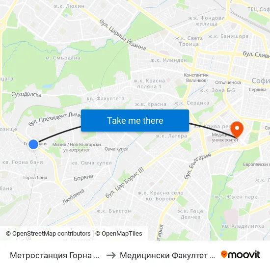 Ⓜ️ Метростанция Горна Баня / Gorna Banya Metro Station (0685) to Медицински Факултет - Предклиничен Университетски Център map