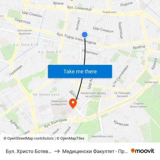 Бул. Христо Ботев / Hristo Botev Blvd. (0383) to Медицински Факултет - Предклиничен Университетски Център map