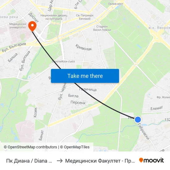 Пк Диана / Diana Swimming Complex (1342) to Медицински Факултет - Предклиничен Университетски Център map