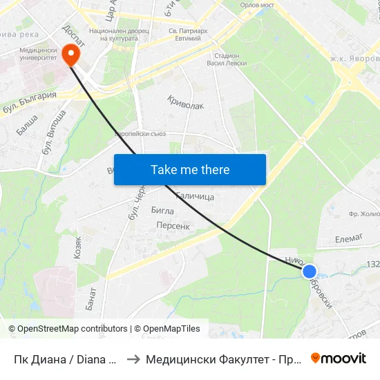 Пк Диана / Diana Swimming Complex (1343) to Медицински Факултет - Предклиничен Университетски Център map