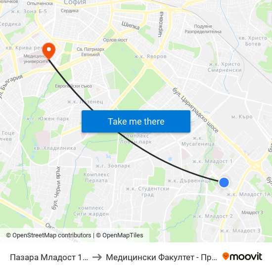 Пазара Младост 1 / Mladost 1 Market (0969) to Медицински Факултет - Предклиничен Университетски Център map