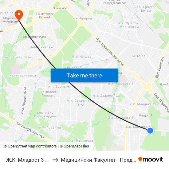 Ж.К. Младост 3 / Mladost 3 Qr. (0665) to Медицински Факултет - Предклиничен Университетски Център map