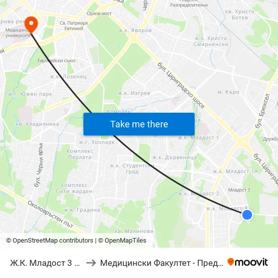 Ж.К. Младост 3 / Mladost 3 Qr. (0665) to Медицински Факултет - Предклиничен Университетски Център map