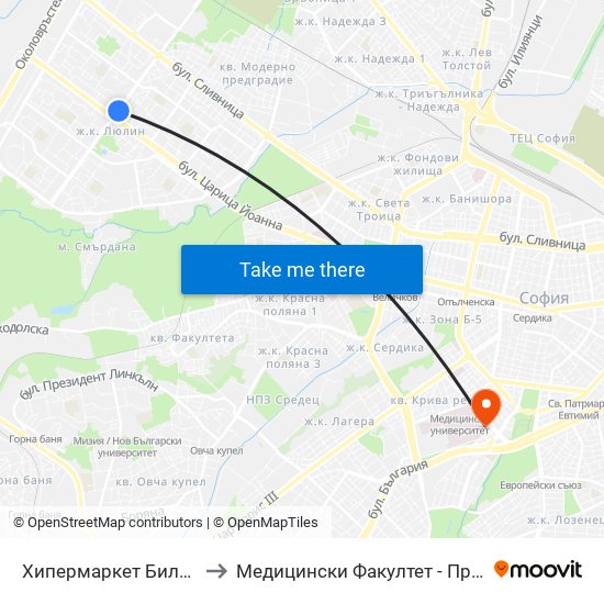Хипермаркет Била / Billa Hypermarket (2306) to Медицински Факултет - Предклиничен Университетски Център map