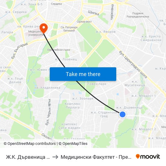 Ж.К. Дървеница / Darvenitsa Qr. (1012) to Медицински Факултет - Предклиничен Университетски Център map