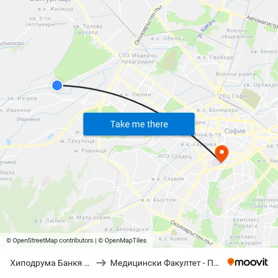 👋 Хиподрума Банкя / Bankya Hippodrome (2307) to Медицински Факултет - Предклиничен Университетски Център map